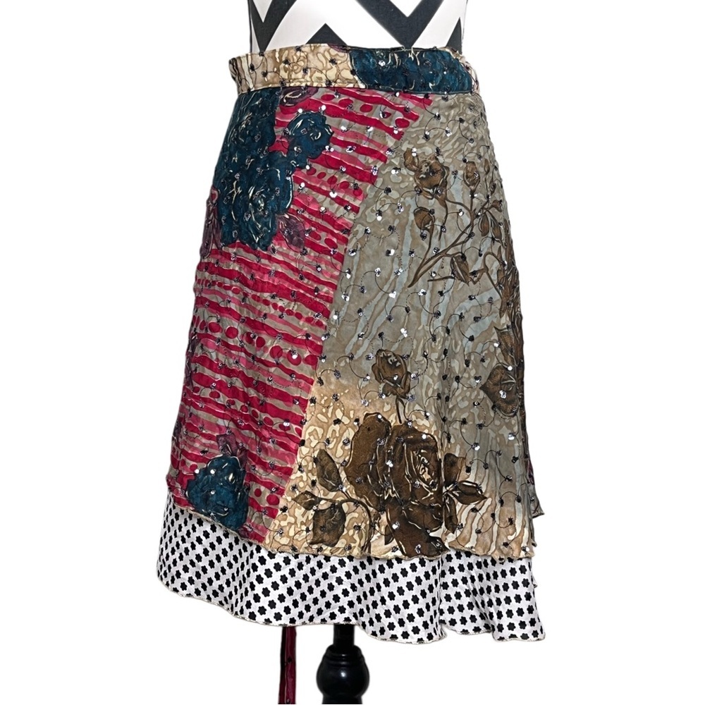 Vintage Boho Free Size Floral Silk Patchwork Hippie Gypsy Full Wrap Mini Skirt